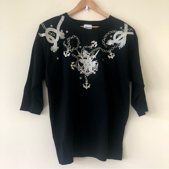 Gardy Tops - Gardy Embroidered Black Nautical Theme Three Quarter Length Sleeve Top